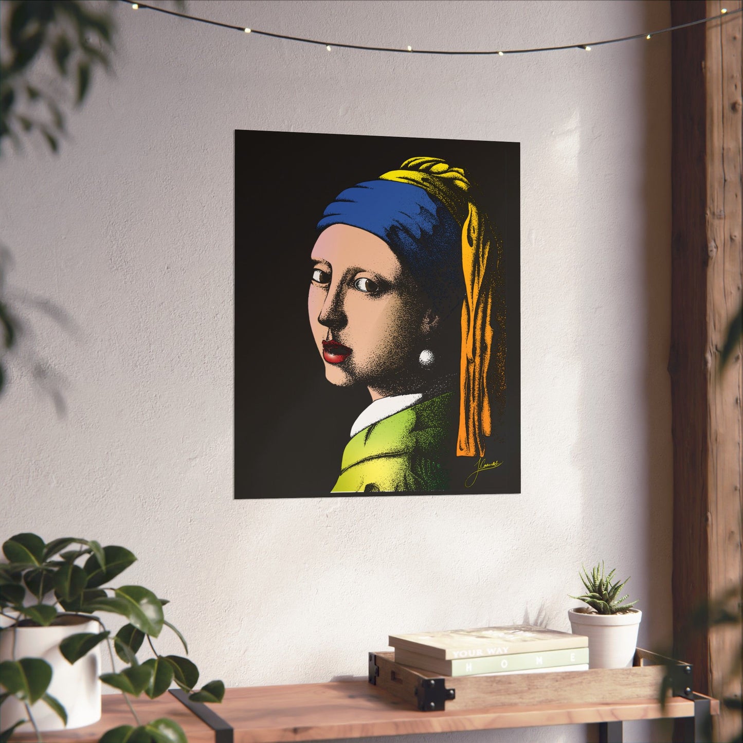 Surreal pen-and-ink art print with abstract figure by Coomes Creative. Hung up example of a poster featuring a stippling version of Johannes Vermeer's famous painting 'Girl with Pearl Earrings,' with the subject depicted in colorful attire against a dark background.