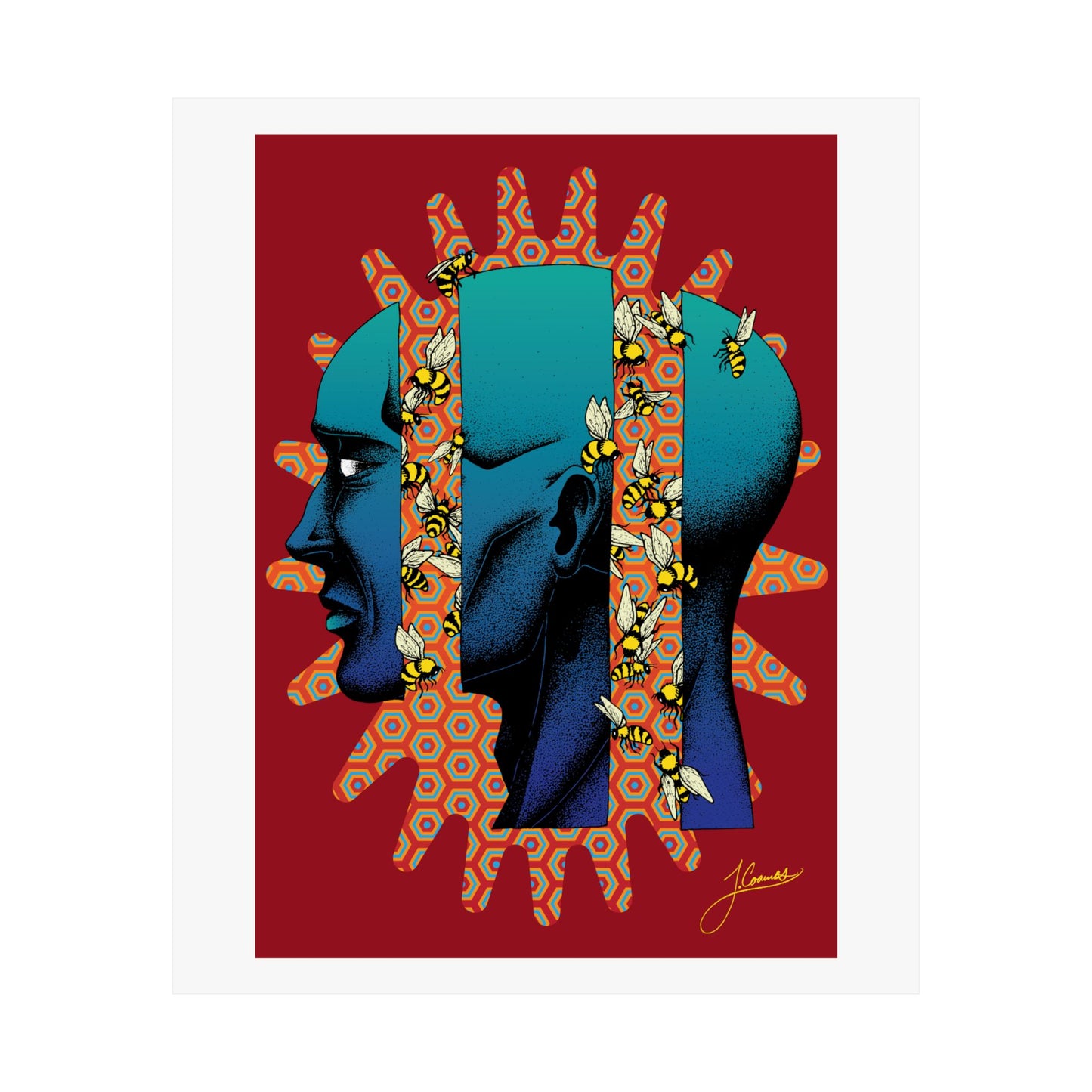 Surreal pen-and-ink art print with abstract figure by Coomes Creative. A colorful art print of a stylized head in profile, sliced surrealistically into three sections with a decorative pattern of bees in flight around it, set on a red background.